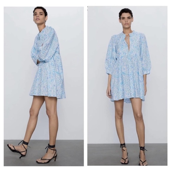 Zara Blue Floral Printed Poplin Babydoll Mini Dress - Picture 2 of 15